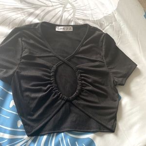 Black Half Tee Top with peekaboo criss cross front